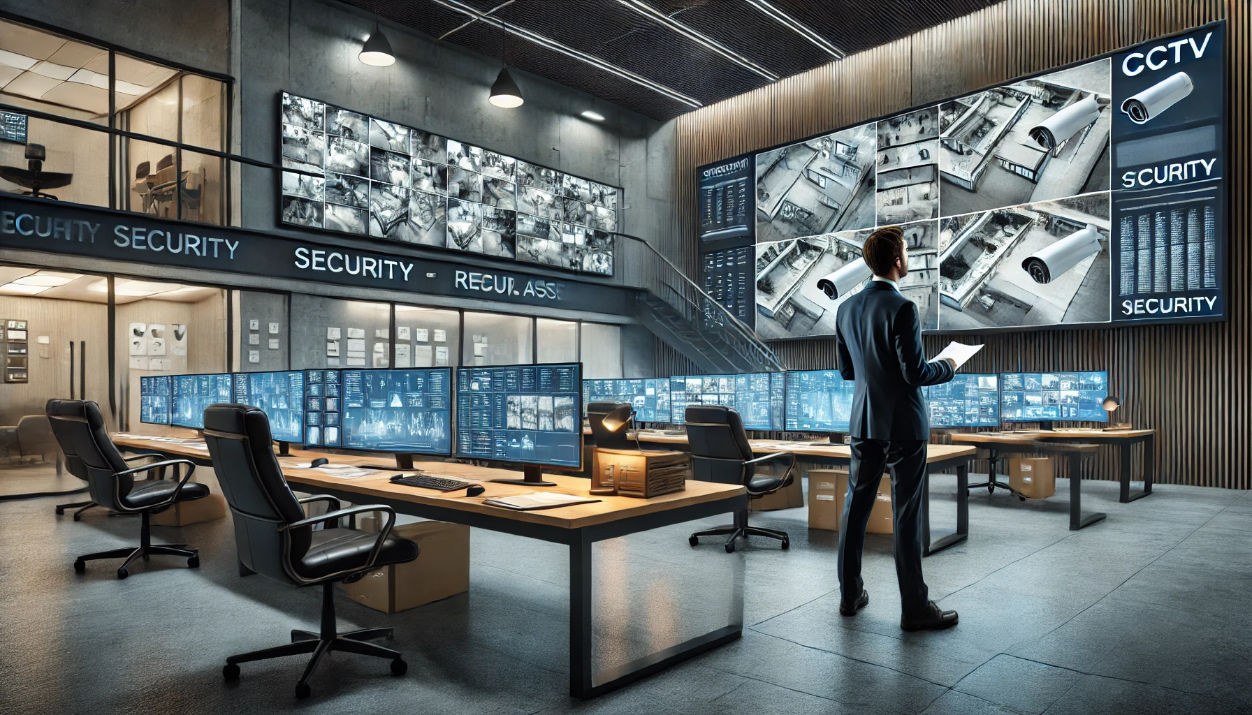 DALL·E 2024-11-14 12.48.21 - A professional securIndependent security risk assessor ity control room with multiple CCTV monitors displaying high-security areas, including building entrances, parking lots, and lobbi by .